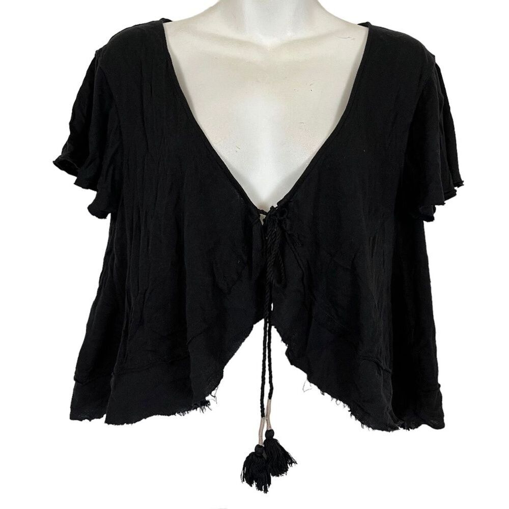 WE THE FREE People Black Burnout Fairy Front Tie Top Cardigan Whimsigoth sz XS
